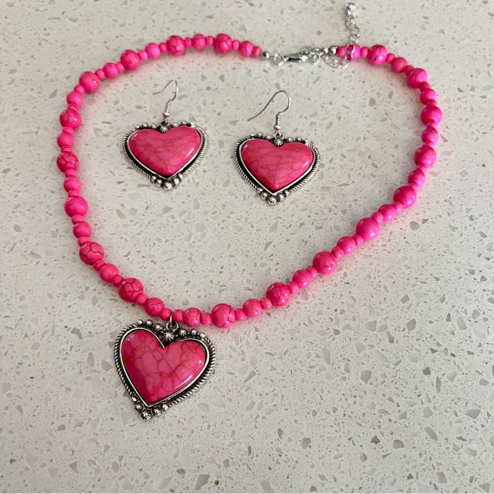 3 Pcs pink Fake Turquoise Stone Decor heart Pendant Necklace Earring Jewelry Set